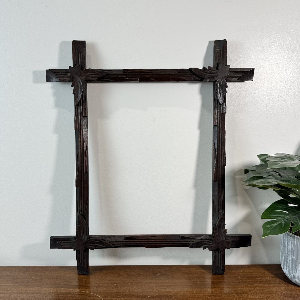 Antique Hand Carved Wooden Picture Frame Folk Art Rustic Adirondack